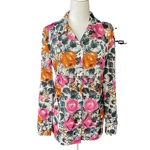 Vintage  Mar Lek Womens Blouse Pink Flowers 70s Retro Polyester Silky Grannycore